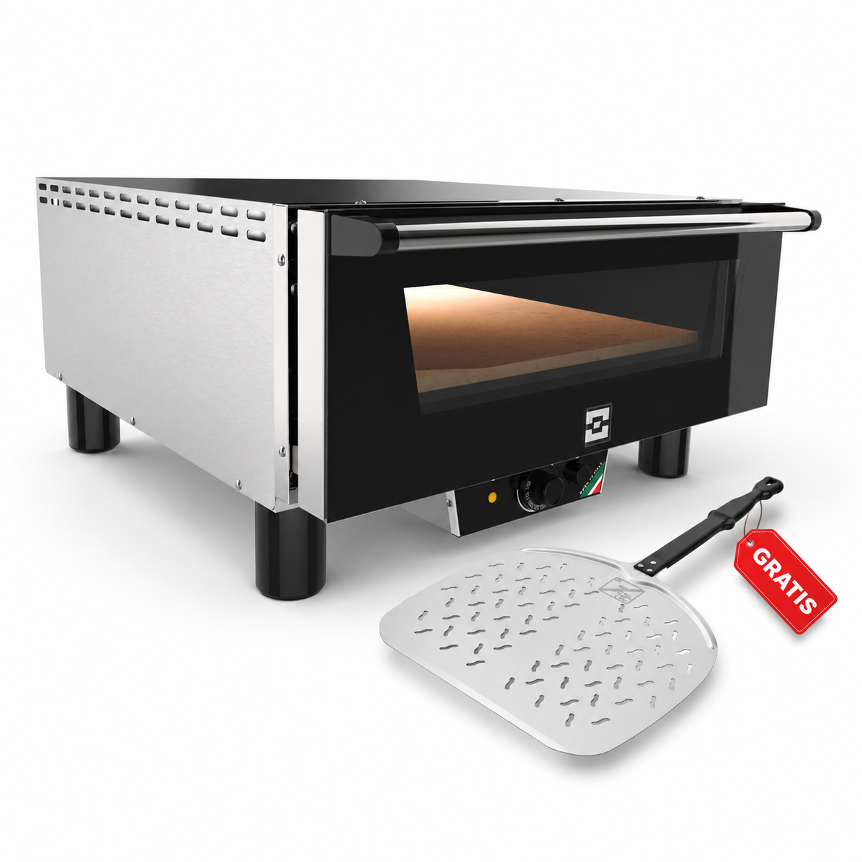 EffeOvens N5 Pizzaofen mit Pizzaschaufel als Gratiszubehör auf weißem Hintergrund.